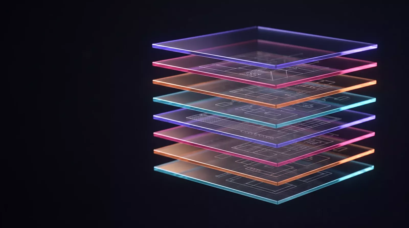 Feuilles de verre gravées empilées, structure claire et ordonnée