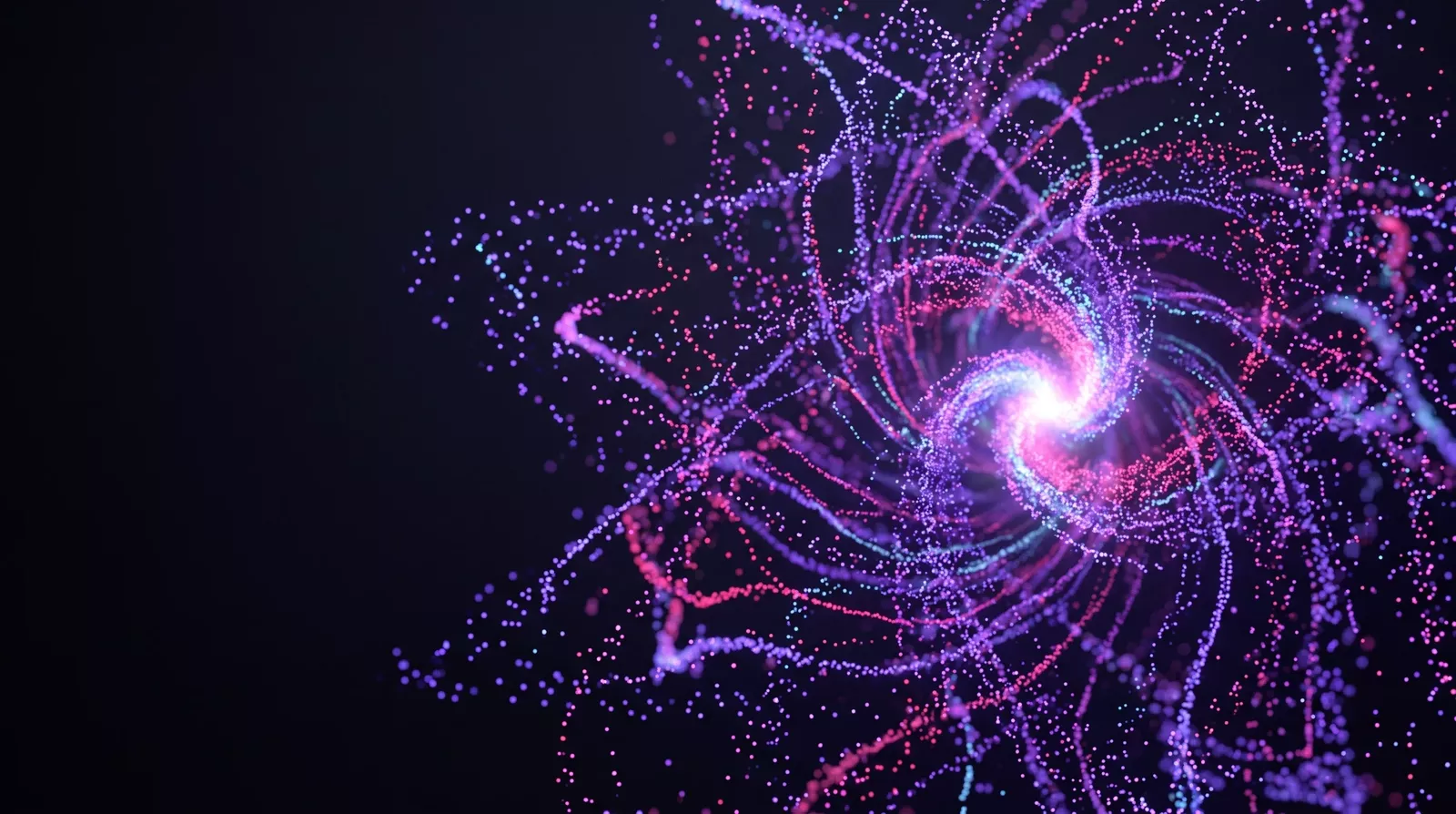 Réseau de particules lumineuses convergeant vers un point unique, évoquant un premier cas d’usage IA