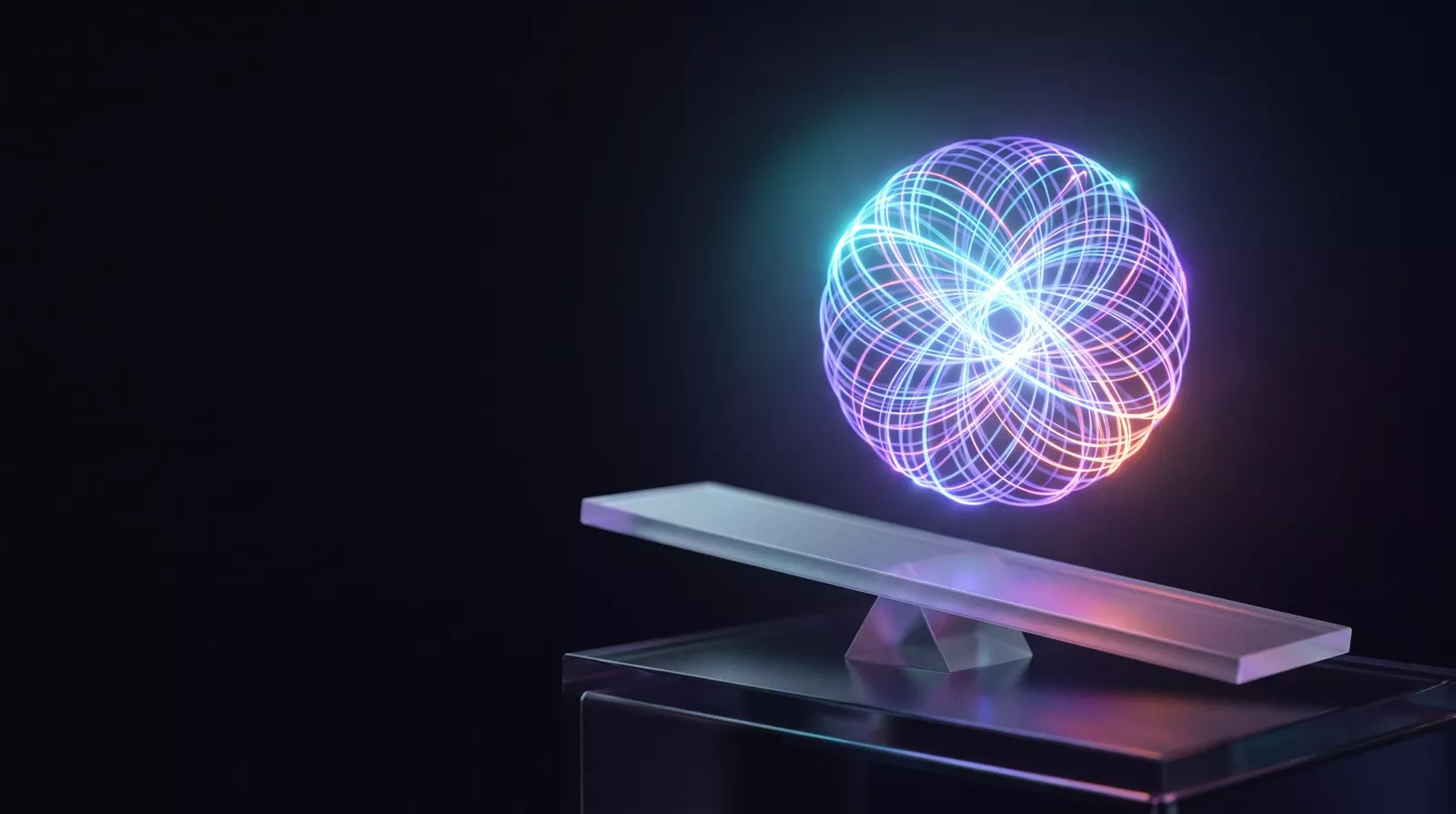 Sphère lumineuse de données au-dessus d’une balance de verre