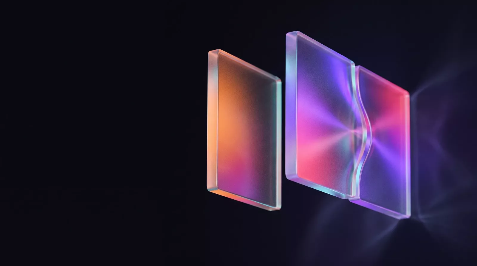 Trois volumes de verre translucides s’imbriquant, symbolisant les trois approches de développement mobile